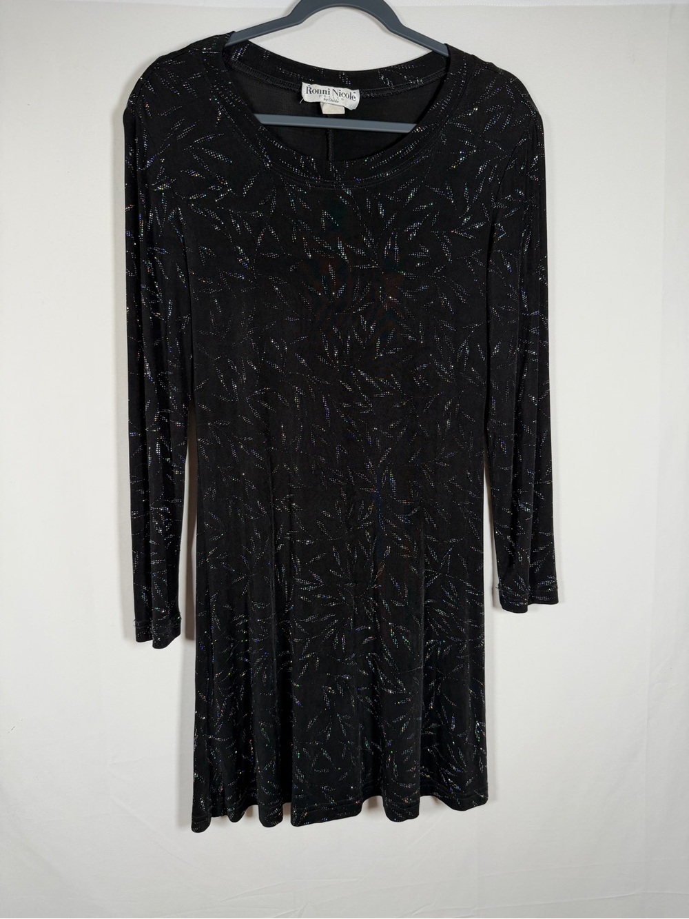 Vintage 90s Y2K Ronni Nicole Black Long Sleeve Glitter Leaves Dress Whimsigoth